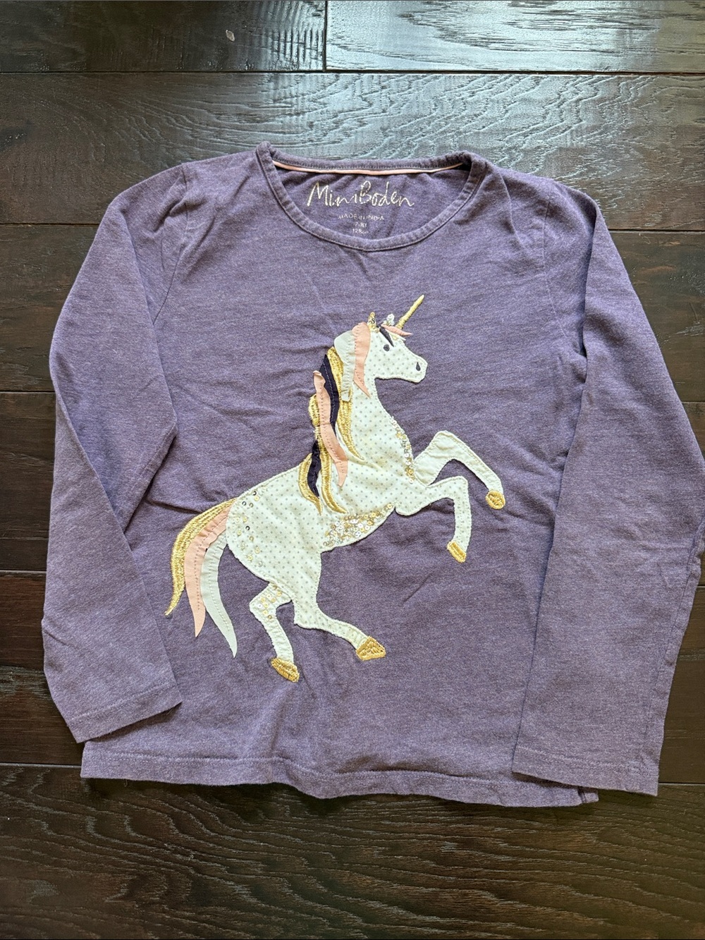 Mini Boden Purple Long-Sleeve Top with Unicorn Appliqué